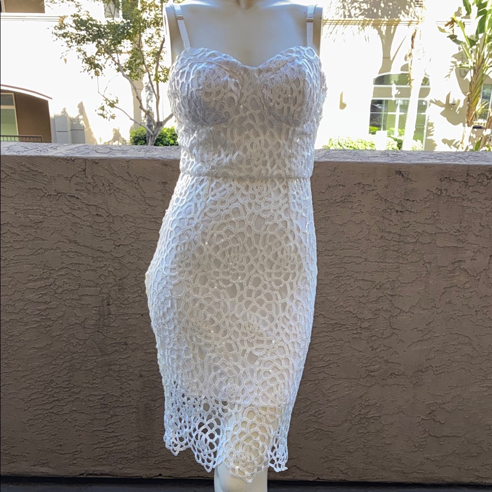 bebe White Lace Mini Dress with Crochet Overlay